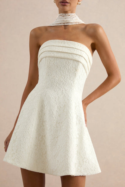 Elvara | White Lace Bandeau-Neck Mini Dress With Scarf Detail