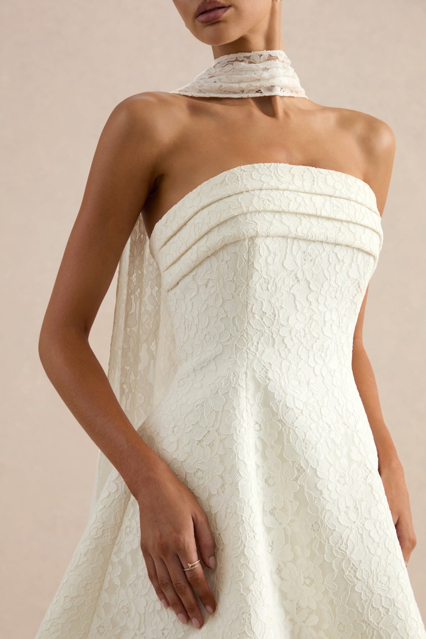 Elvara | White Lace Bandeau-Neck Mini Dress With Scarf Detail