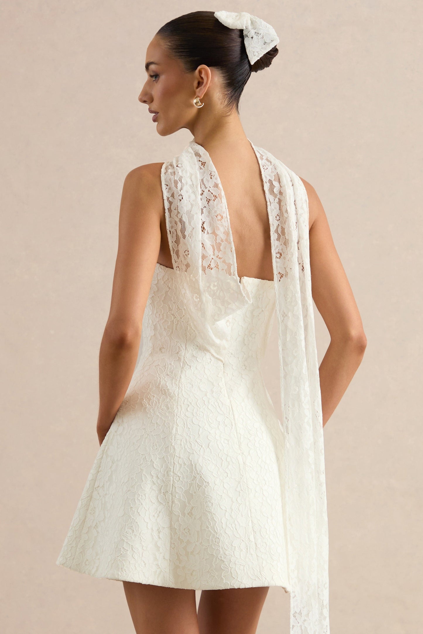 Elvara | White Lace Bandeau-Neck Mini Dress With Scarf Detail