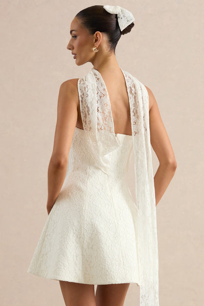 Elvara | White Lace Bandeau-Neck Mini Dress With Scarf Detail