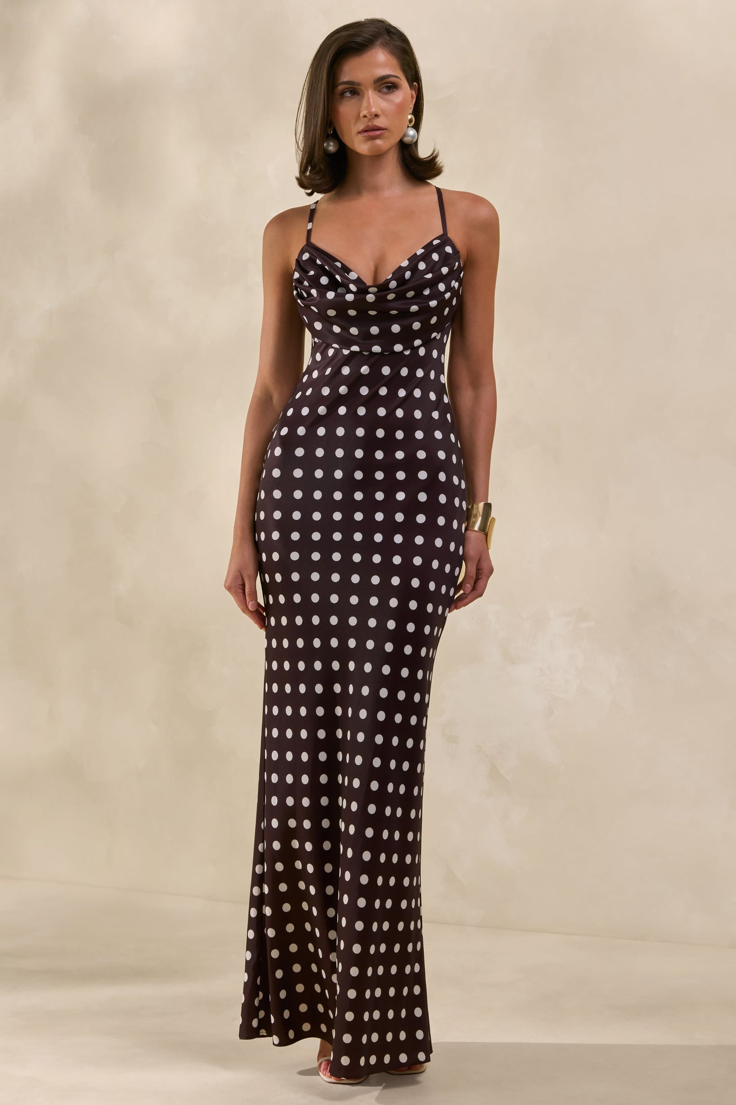 Emaria | Brown Polka-Dot Satin Cowl-Maxi Dress With Scarf