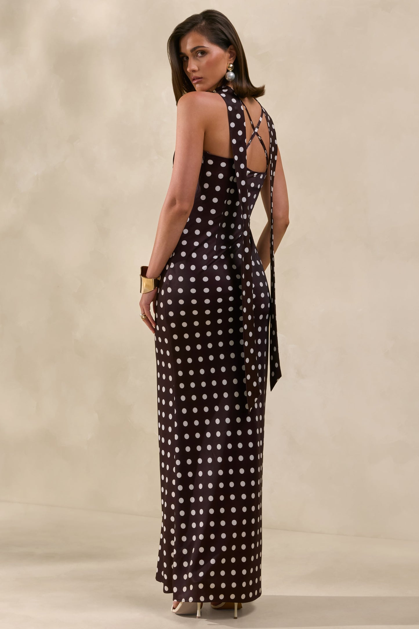 Emaria | Brown Polka-Dot Satin Cowl-Maxi Dress With Scarf