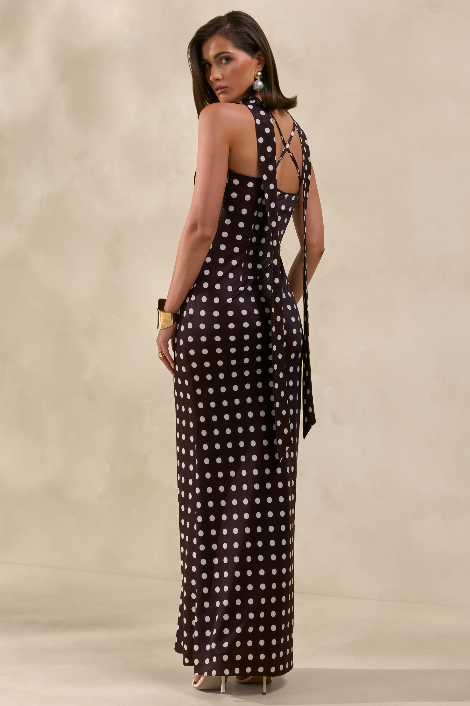 Emaria | Brown Polka-Dot Satin Cowl-Maxi Dress With Scarf