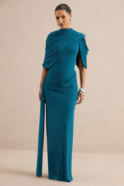 Eleri | Teal High-Neck Maxi Dress With One Short Cape Sleeve And Gathered Detailing