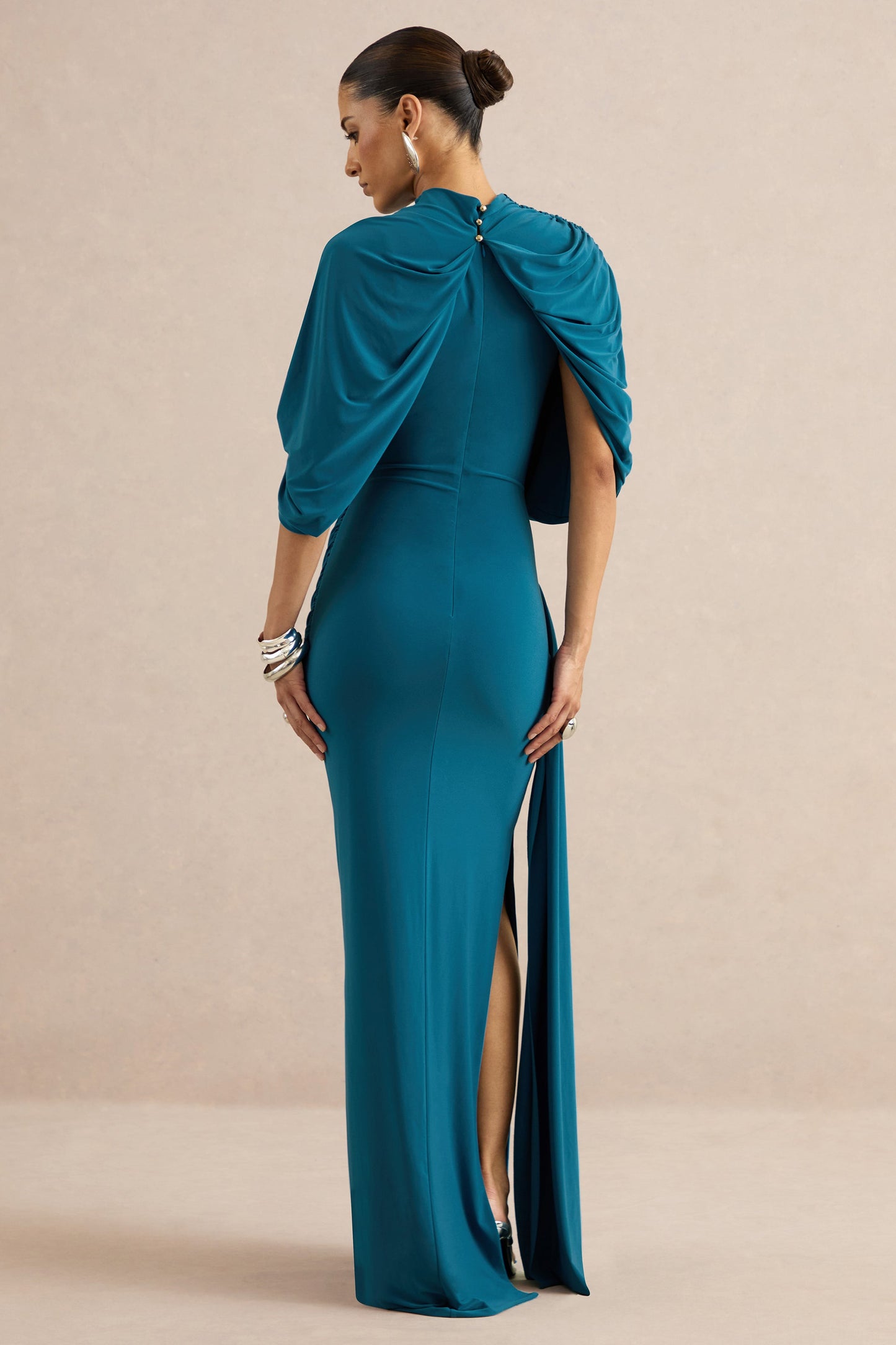 Eleri | Teal High-Neck Maxi Dress With One Short Cape Sleeve And Gathered Detailing