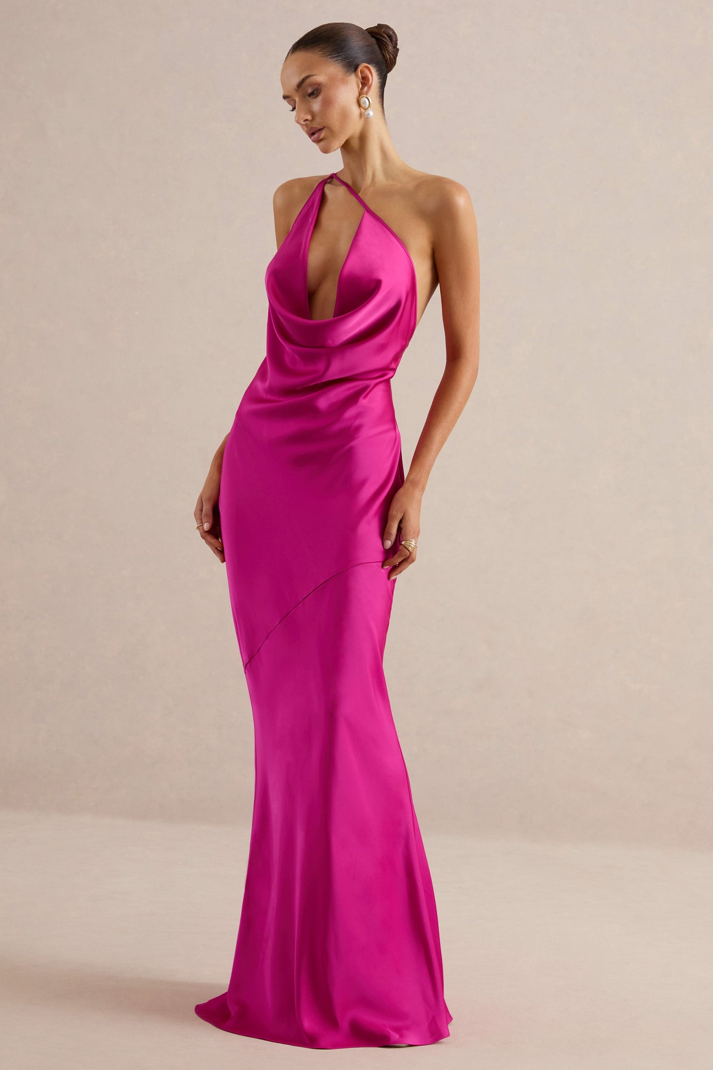 Kamalyn | Hot Pink Satin Asymmetric-Neck Maxi Dress