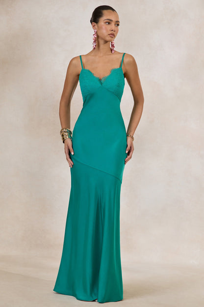 Kyralie | Green Satin V-Neck Maxi Dress with Lace Trim