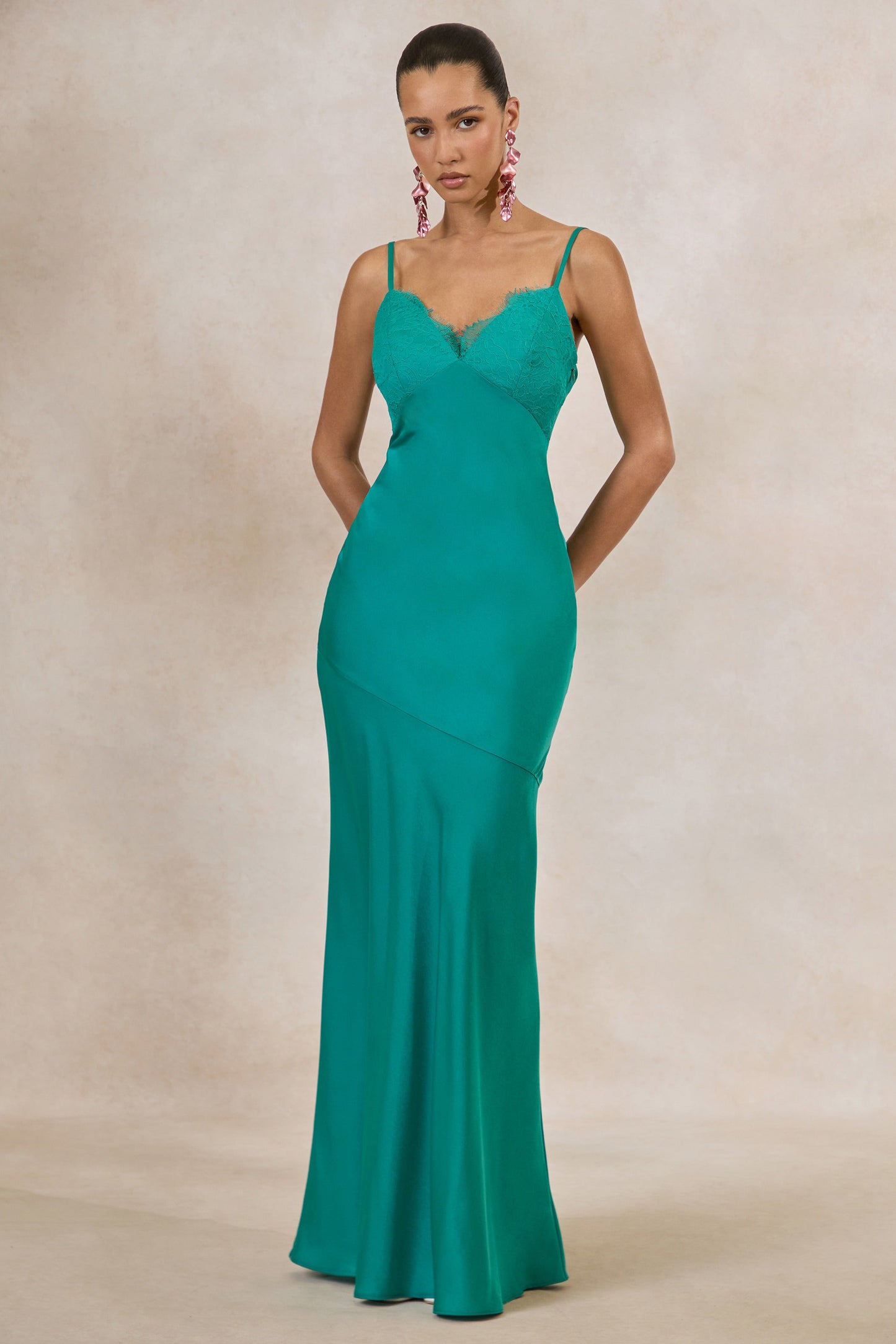 Kyralie | Green Satin V-Neck Maxi Dress with Lace Trim