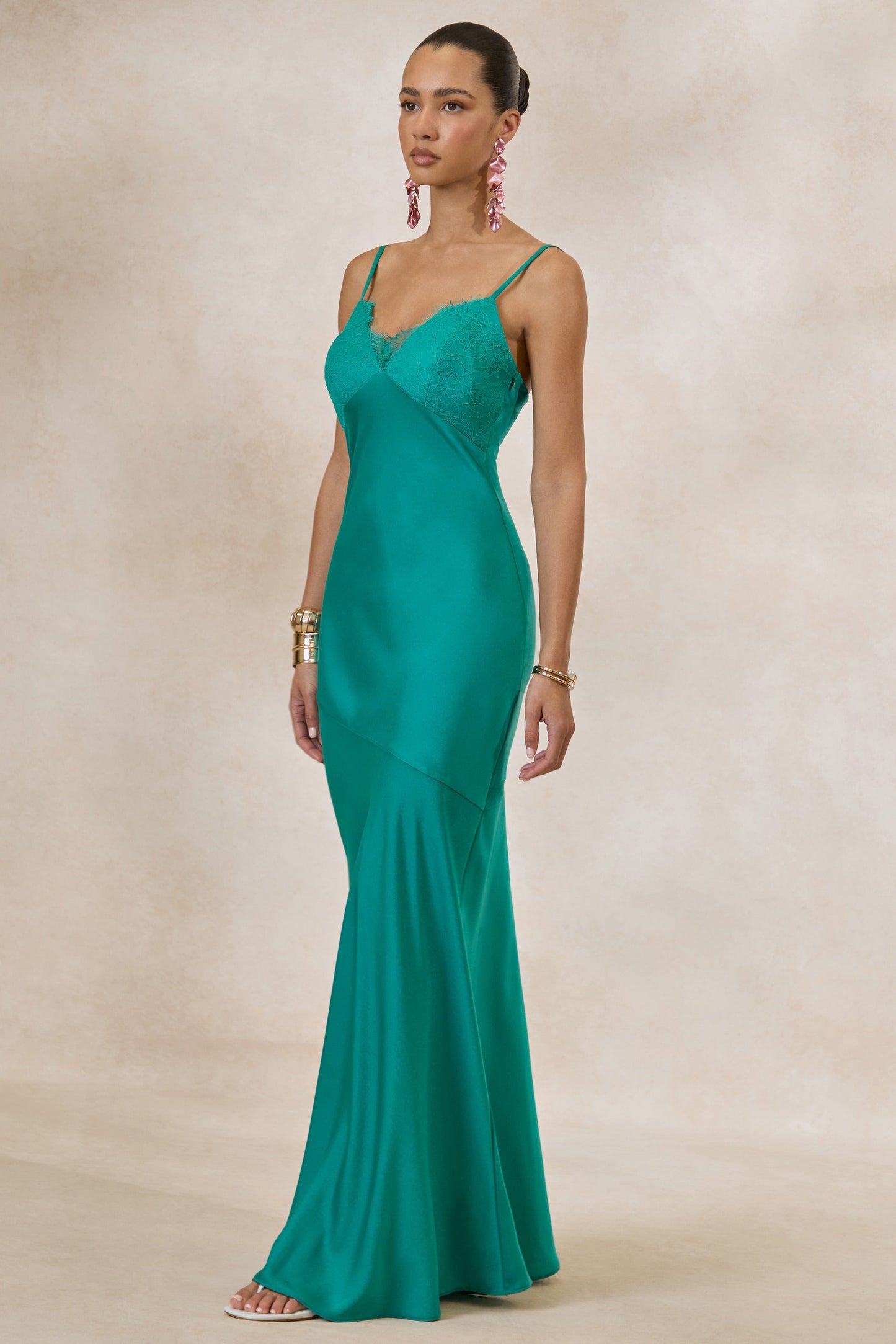 Kyralie | Green Satin V-Neck Maxi Dress with Lace Trim