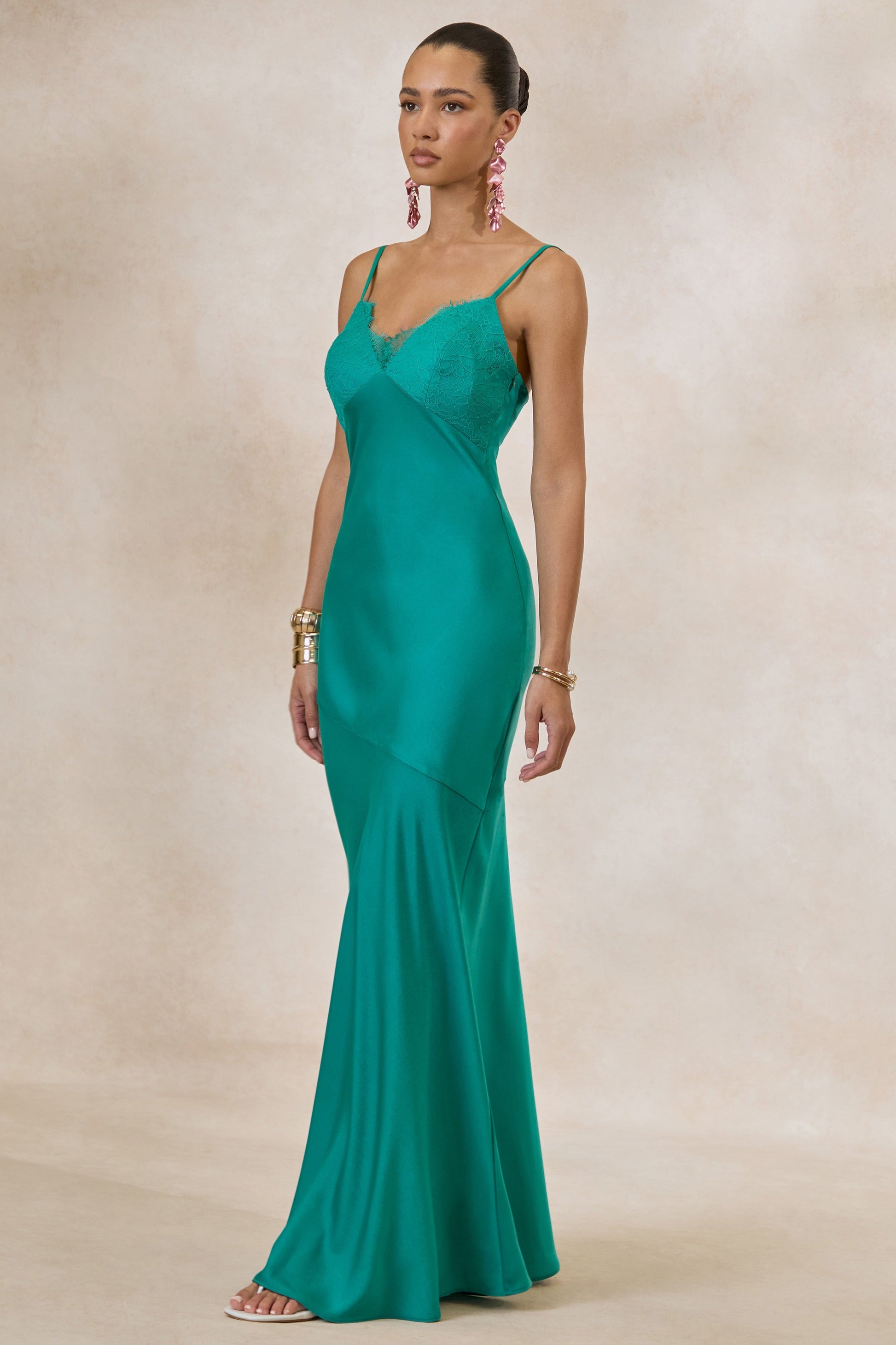 Kyralie | Green Satin V-Neck Maxi Dress with Lace Trim