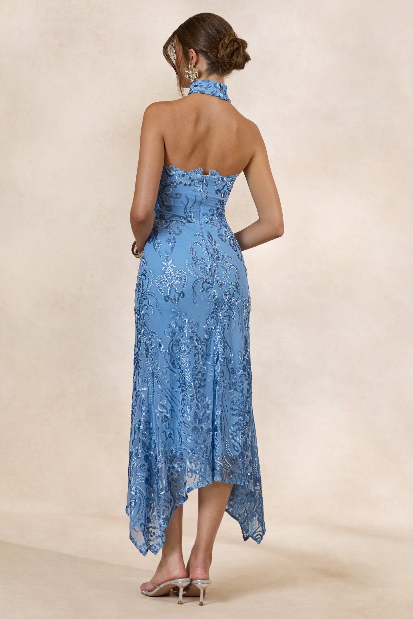 Galathea | Blue Lace Bandeau-Neck Midi Dress With Collar Detail