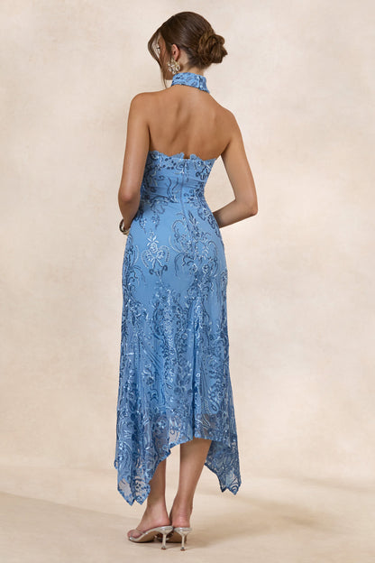 Galathea | Blue Lace Bandeau-Neck Midi Dress With Collar Detail