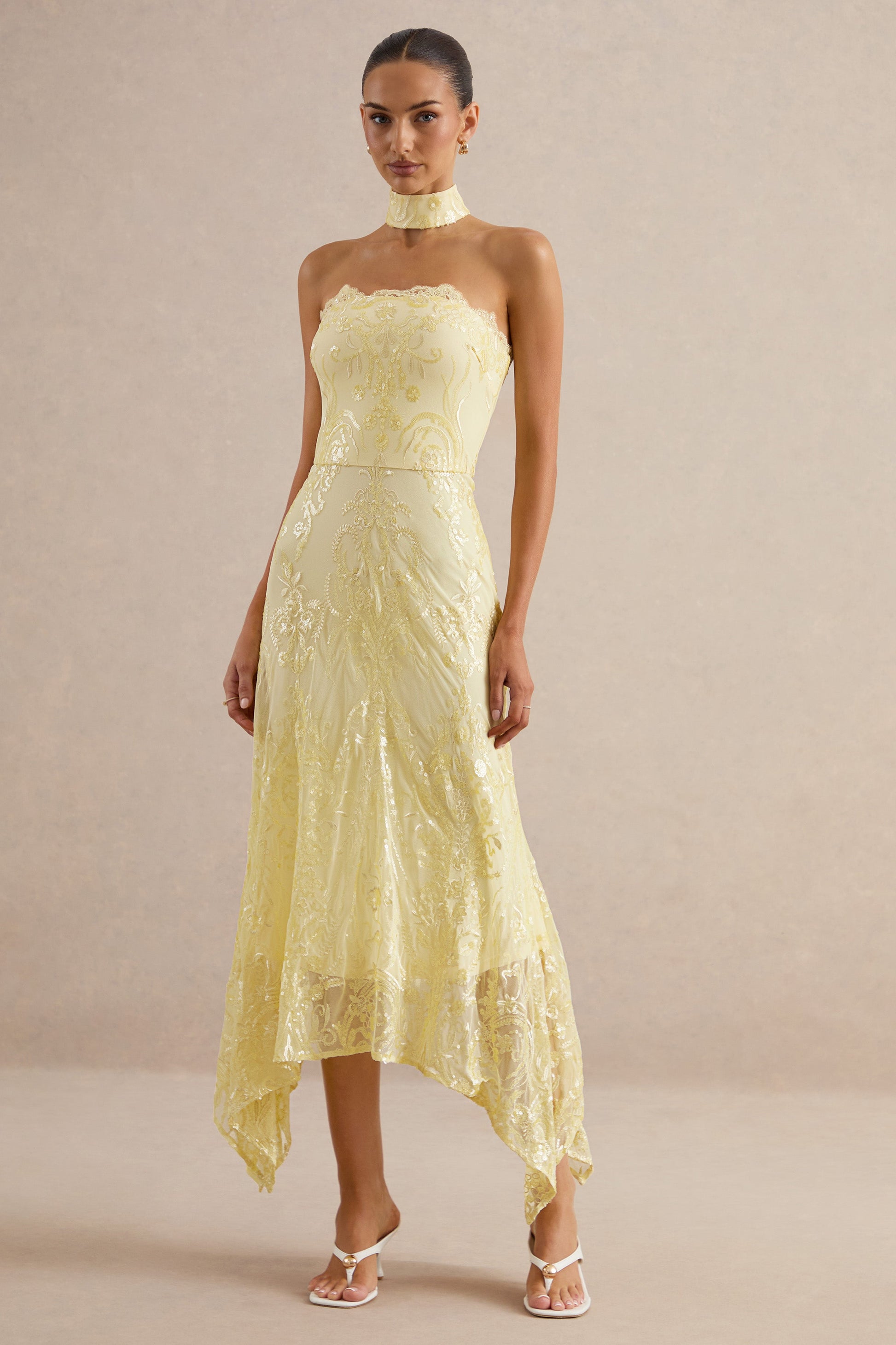 Galathea | Yellow Lace Bandeau-Neck Midi Dress With Collar Detail