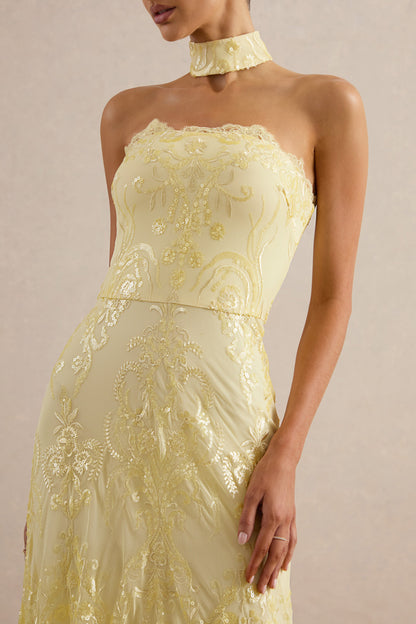 Galathea | Yellow Lace Bandeau-Neck Midi Dress With Collar Detail
