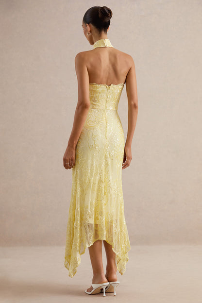 Galathea | Yellow Lace Bandeau-Neck Midi Dress With Collar Detail