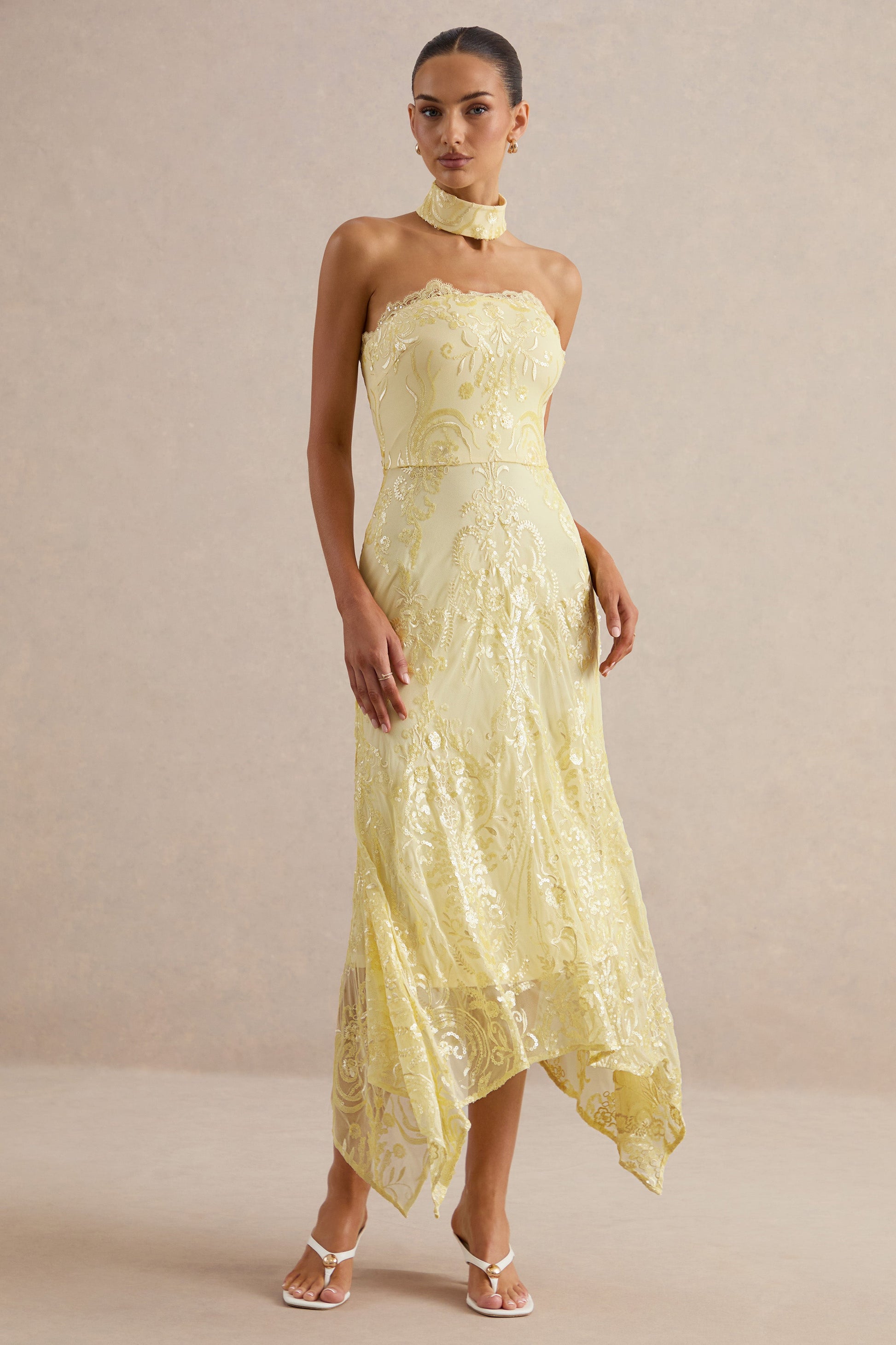 Galathea | Yellow Lace Bandeau-Neck Midi Dress With Collar Detail