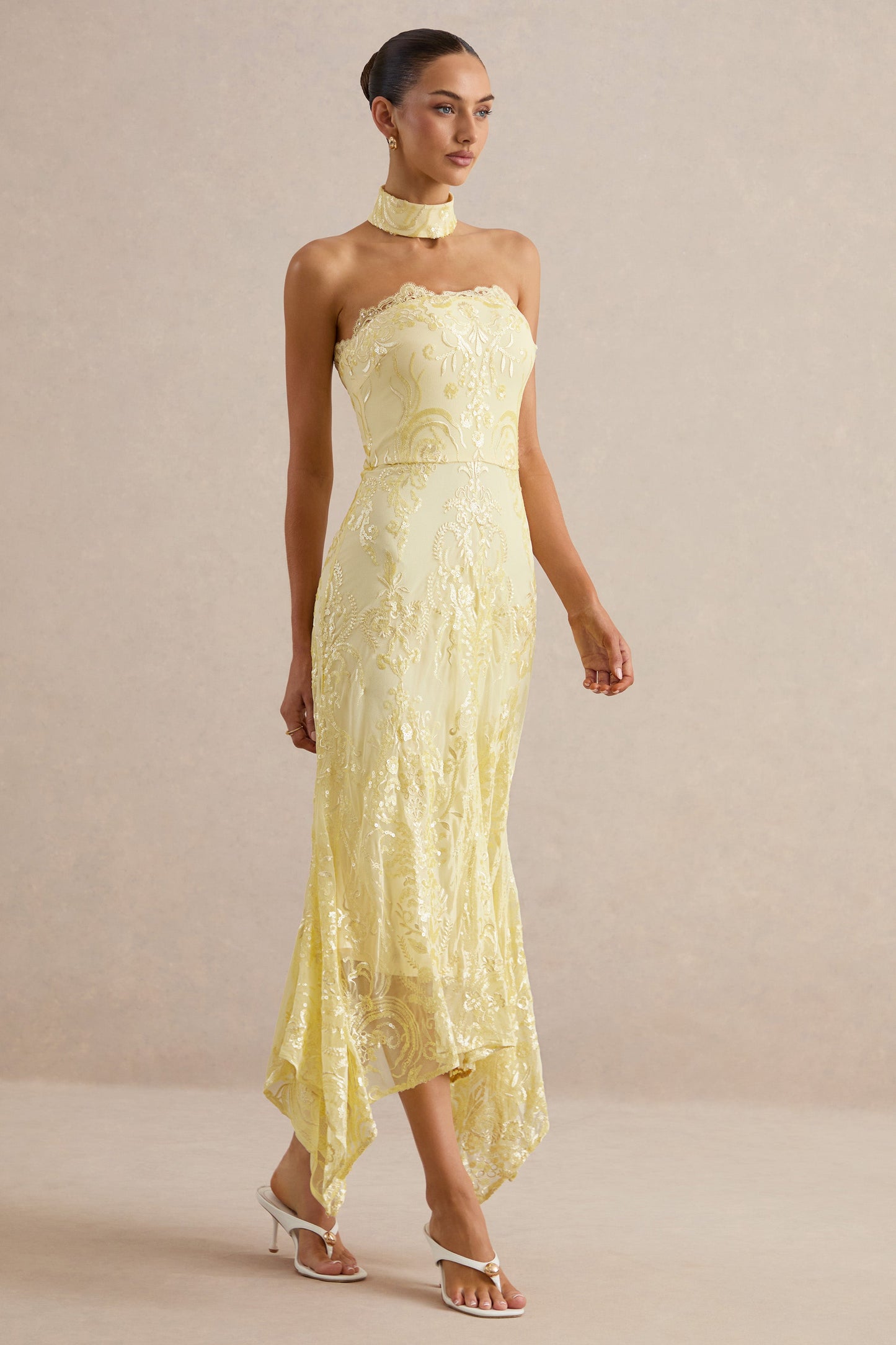 Galathea | Yellow Lace Bandeau-Neck Midi Dress With Collar Detail