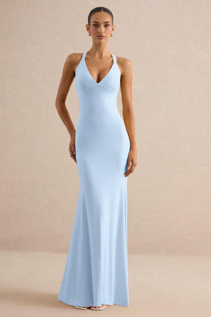 Goldiea | Light Blue Halter-Neck Fishtail Maxi Dress