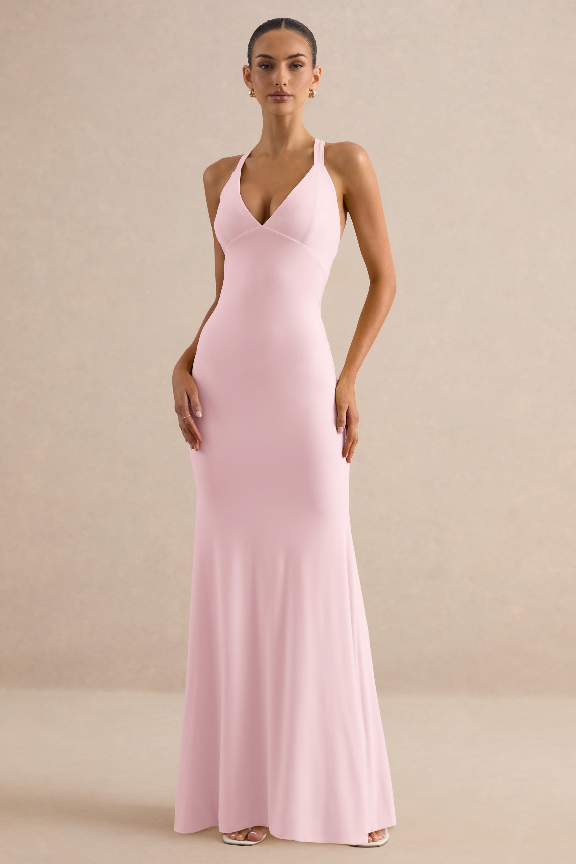 Goldiea | Light Pink Halter-Neck Fishtail Maxi Dress
