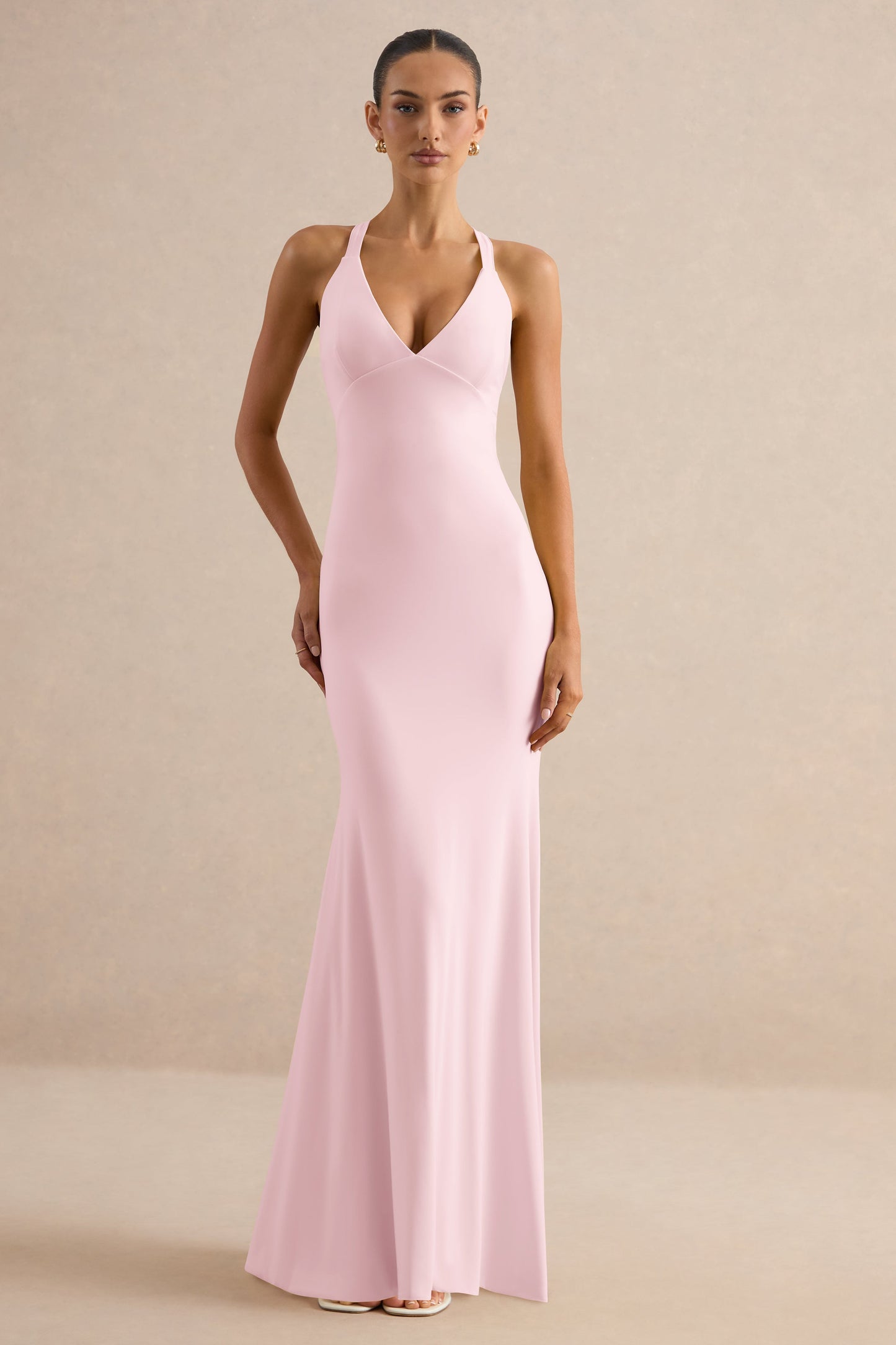 Goldiea | Light Pink Halter-Neck Fishtail Maxi Dress
