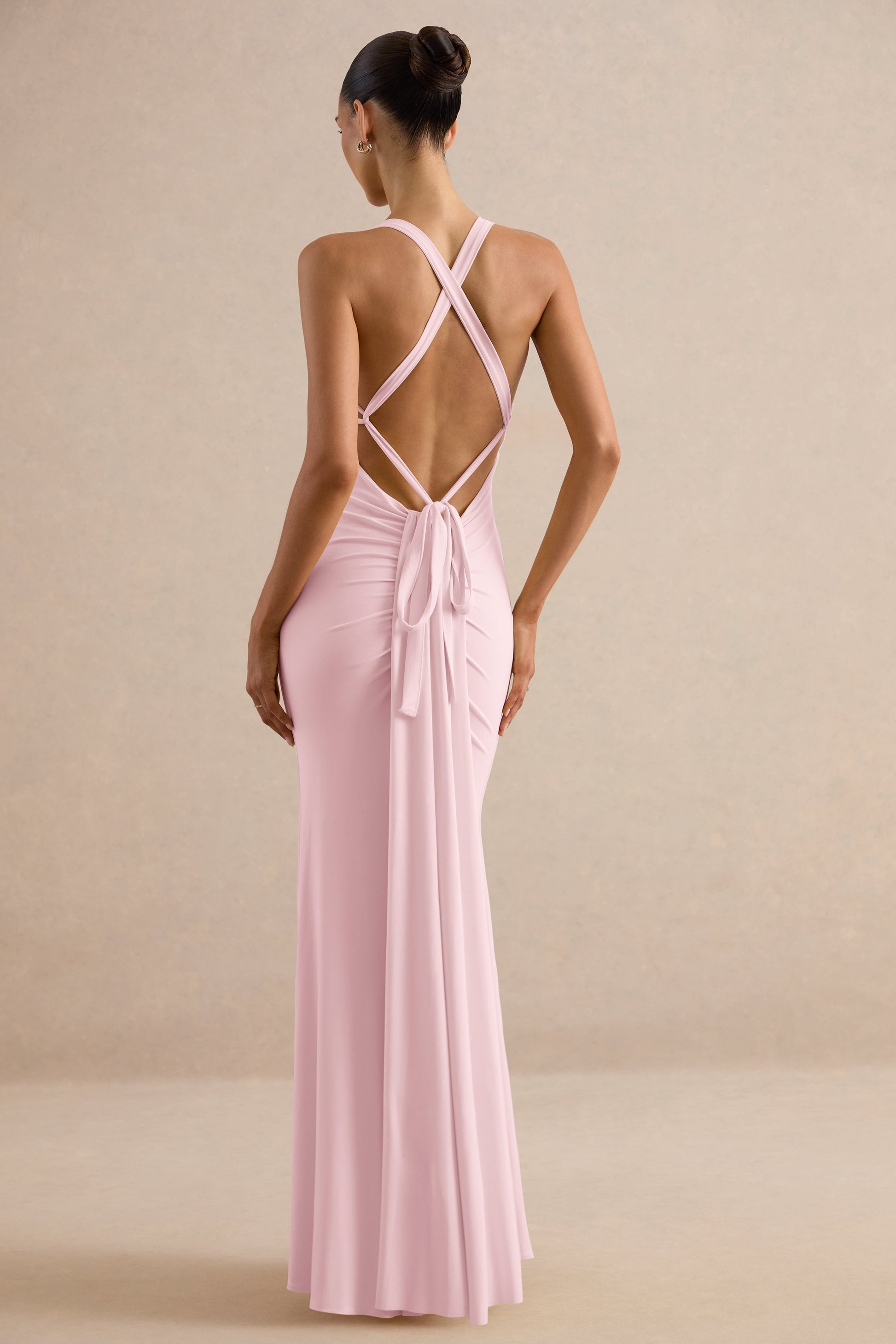 Goldiea | Light Pink Halter-Neck Fishtail Maxi Dress