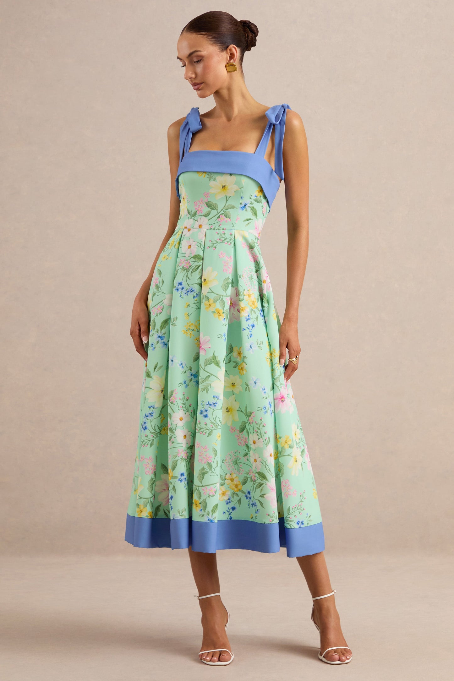 Marlisa | Mint Floral Print Square-Neck Midi Dress With Bow Straps