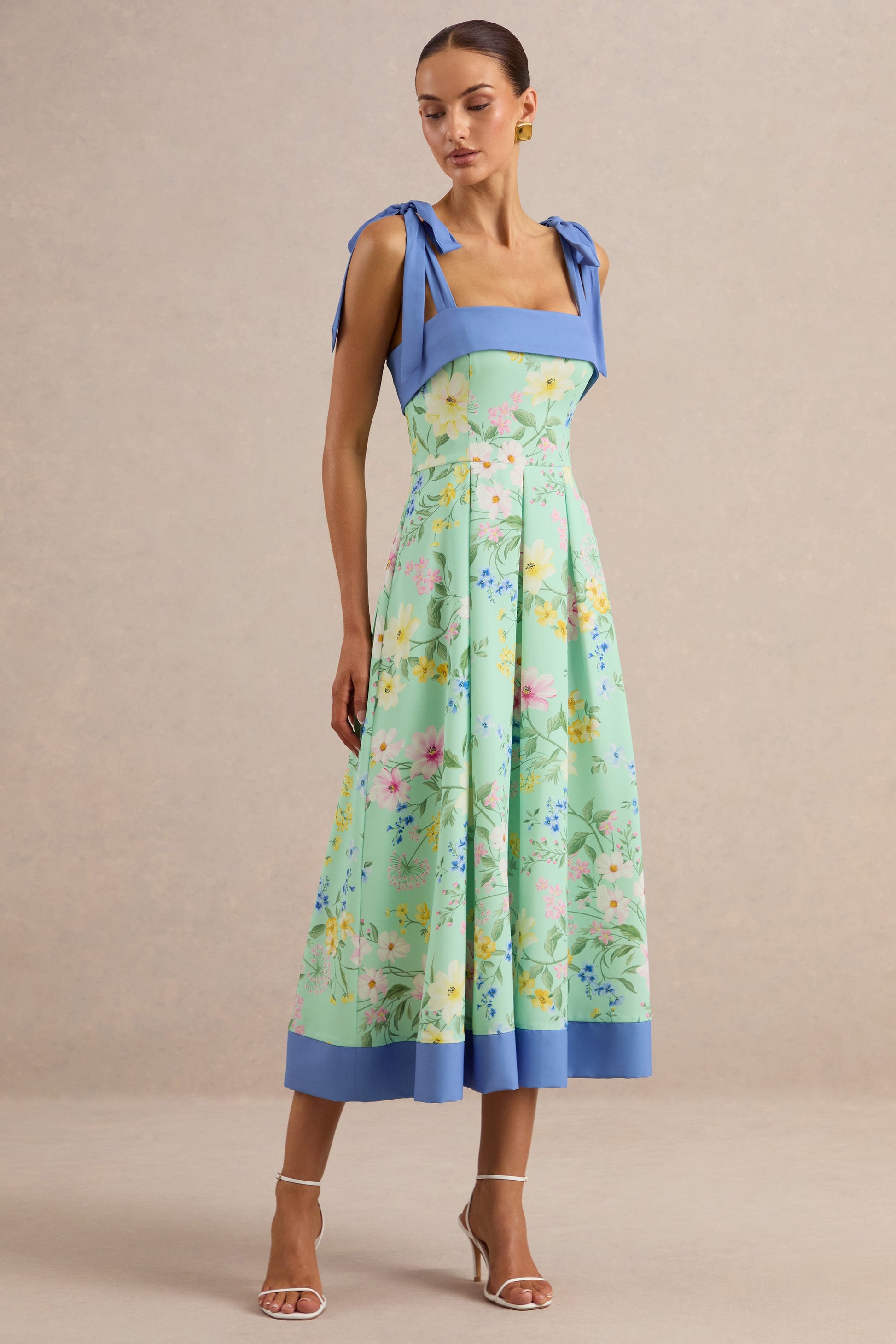 Marlisa | Mint Floral Print Square-Neck Midi Dress With Bow Straps