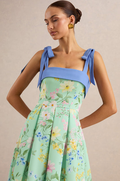 Marlisa | Mint Floral Print Square-Neck Midi Dress With Bow Straps