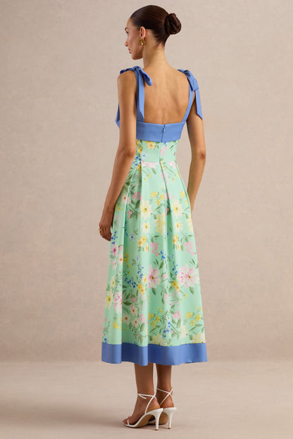 Marlisa | Mint Floral Print Square-Neck Midi Dress With Bow Straps