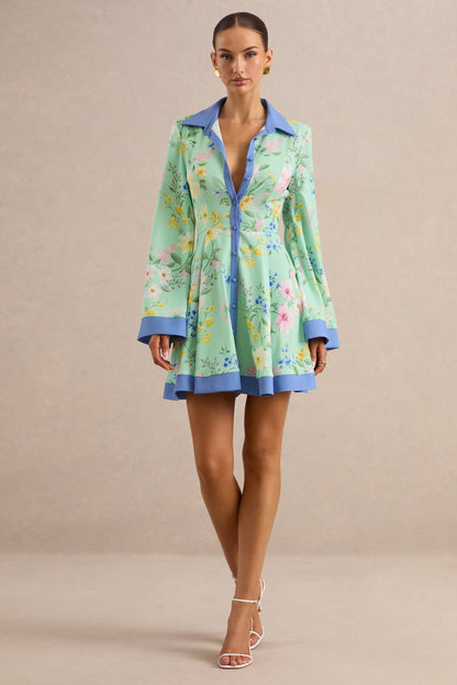 Ionee | Mint Floral Border Print Mini Shirt Dress