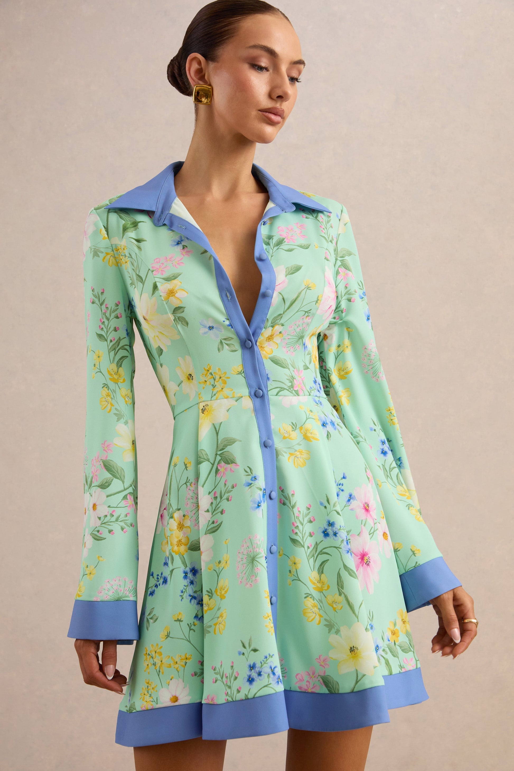 Ionee | Mint Floral Border Print Mini Shirt Dress