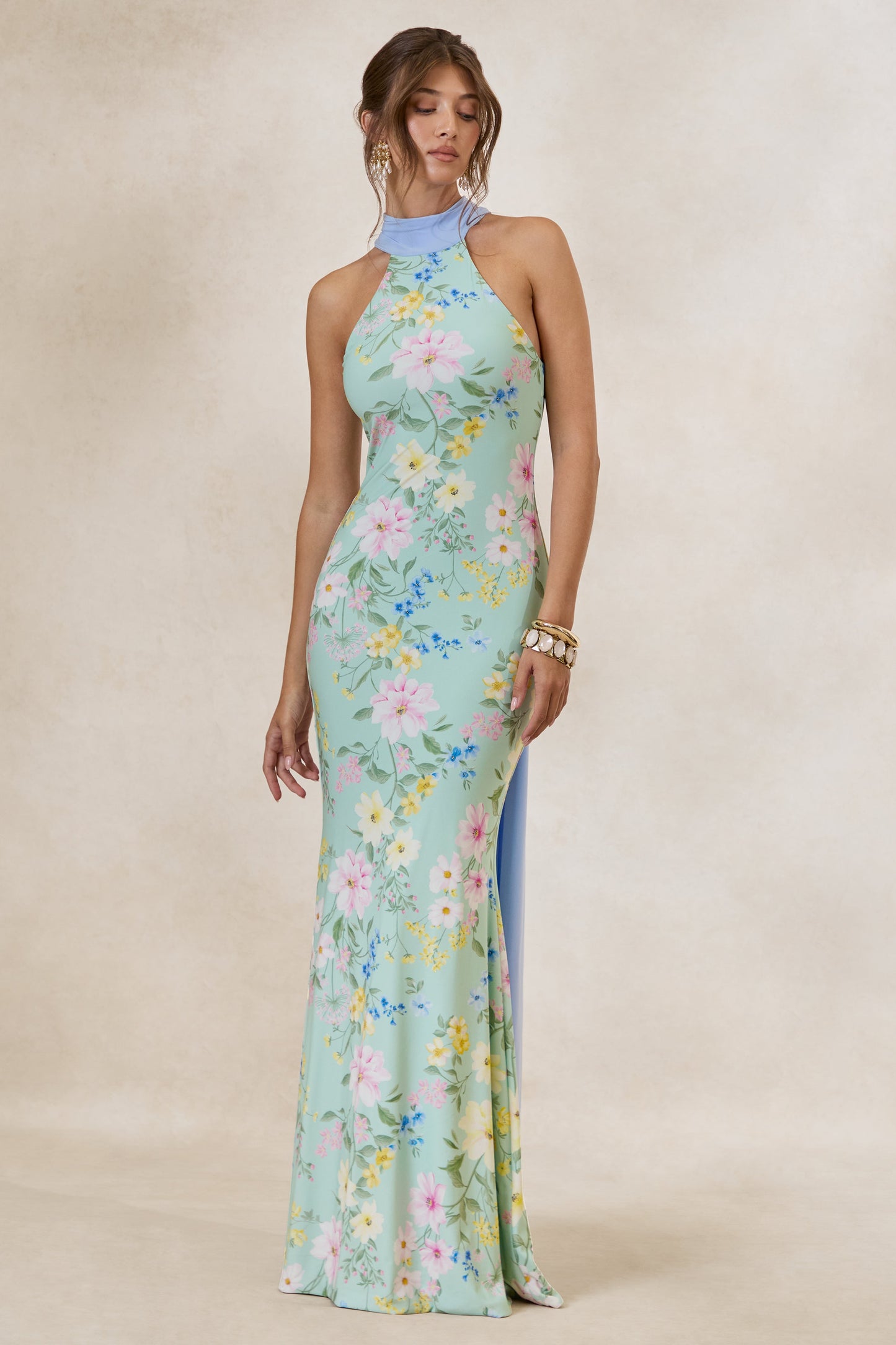 Inarah | Mint Floral Print High-Neck Maxi Dress With Scarf Detail
