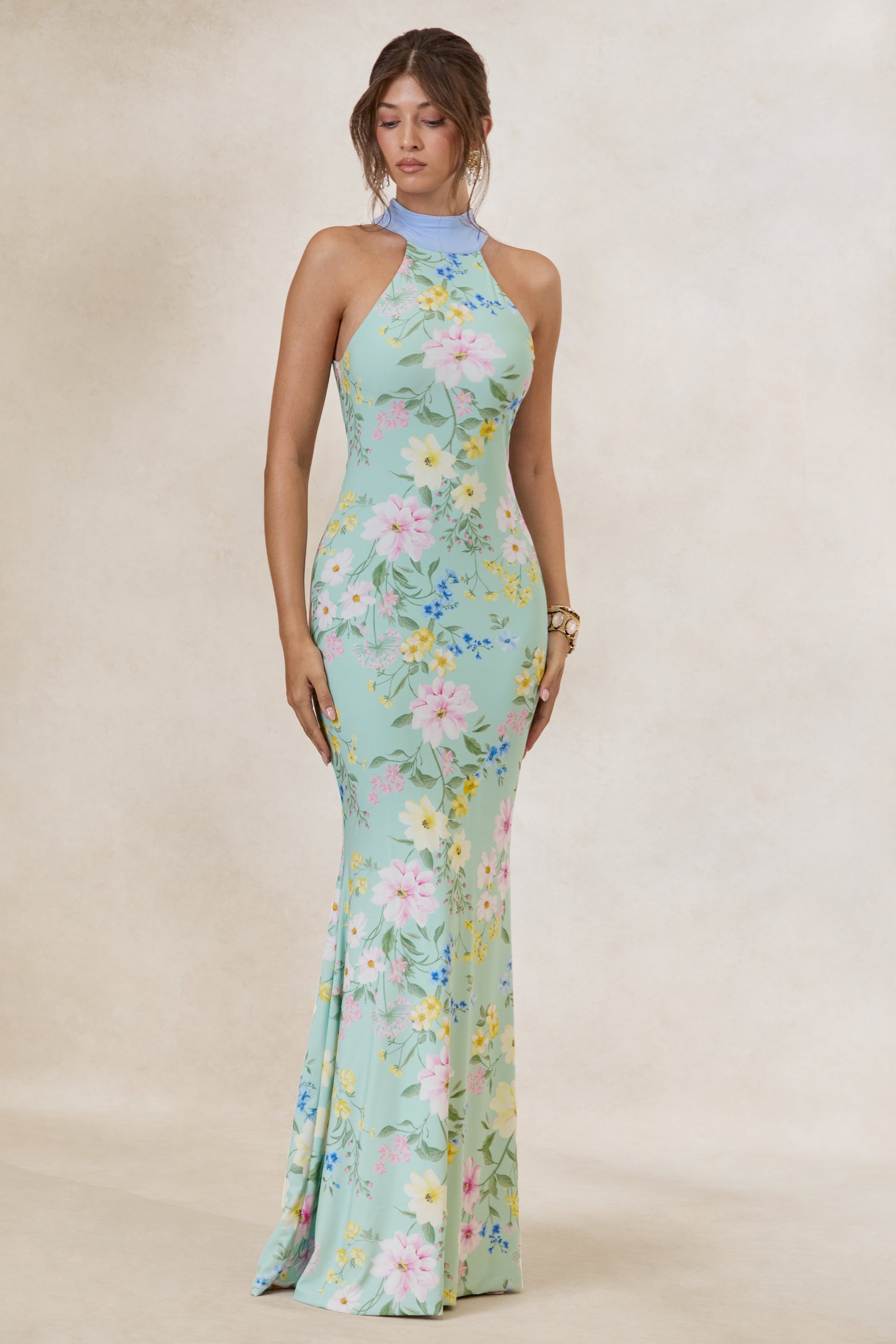 Inarah | Mint Floral Print High-Neck Maxi Dress With Scarf Detail