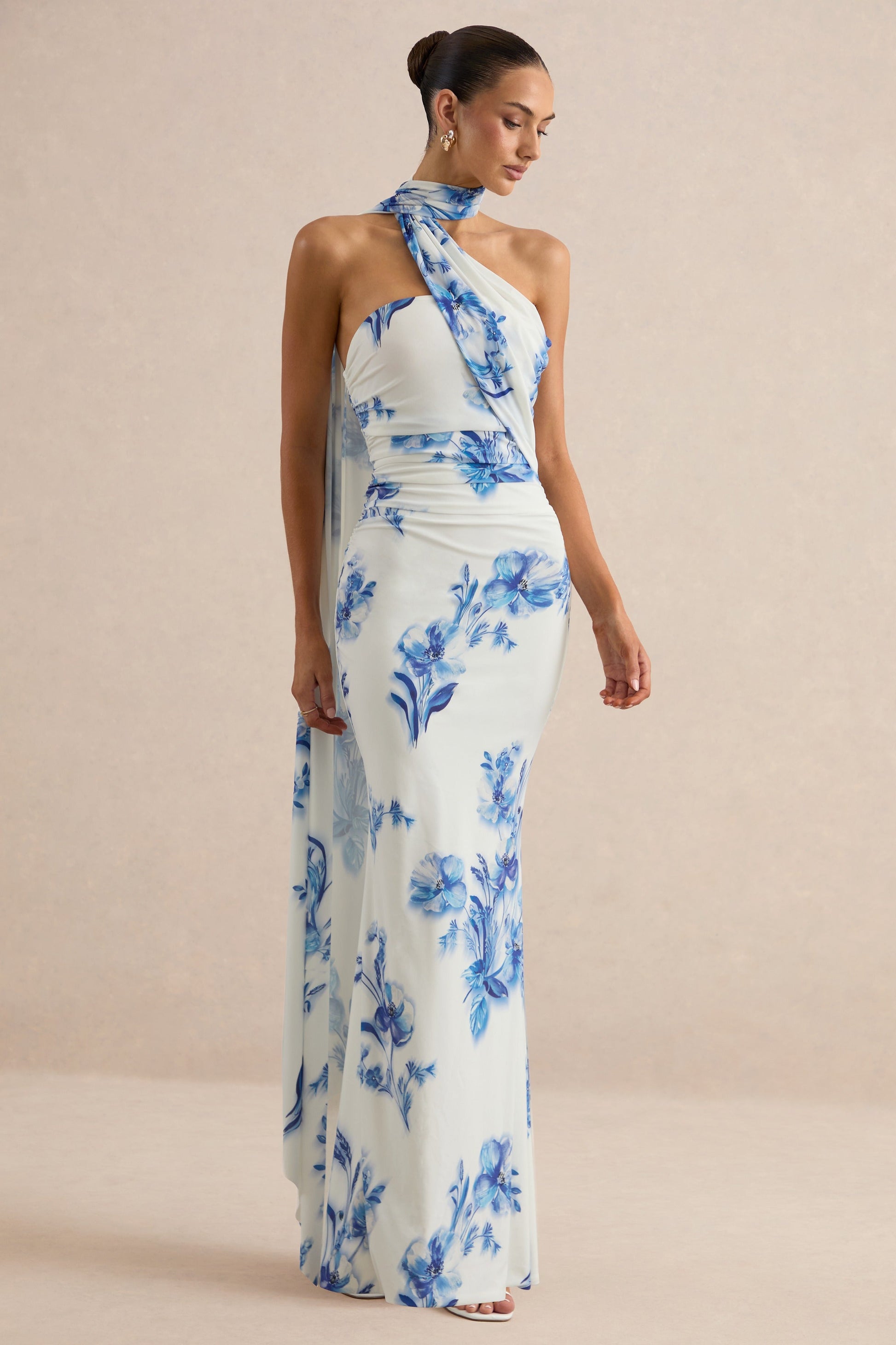 Iraida | Blue Floral Print High-Neck Maxi Dress With Scarf Detail