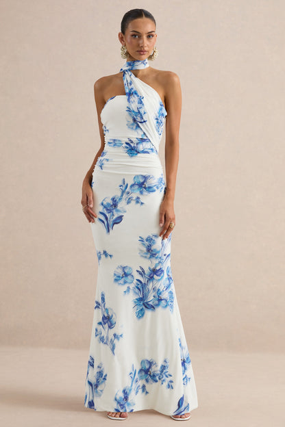 Iraida | Blue Floral Print High-Neck Maxi Dress With Scarf Detail