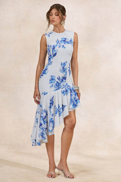 Isalyn | Blue Floral Print Round-Neck Midi Dress With Asymmetric Hemline