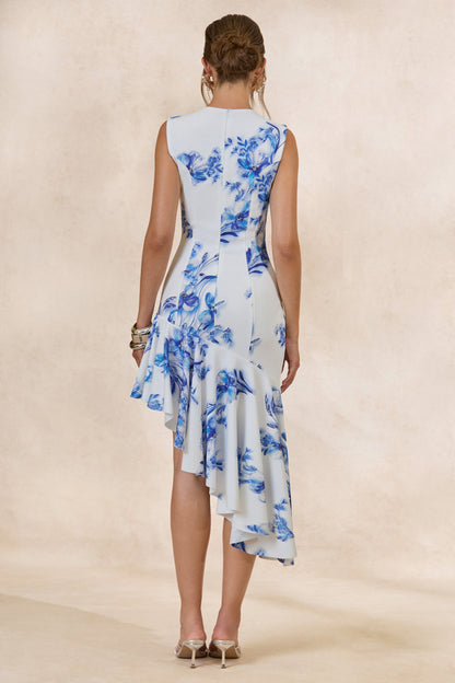 Isalyn | Blue Floral Print Round-Neck Midi Dress With Asymmetric Hemline