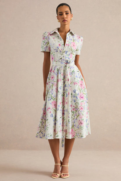 Viviette | Cream Floral Print Collared-Neck Midi Dress
