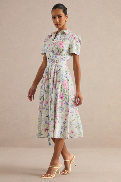Viviette | Cream Floral Print Collared-Neck Midi Dress