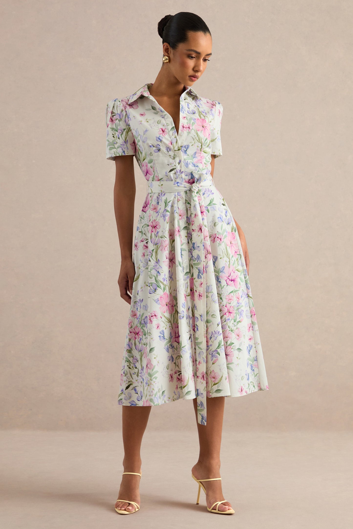Viviette | Cream Floral Print Collared-Neck Midi Dress