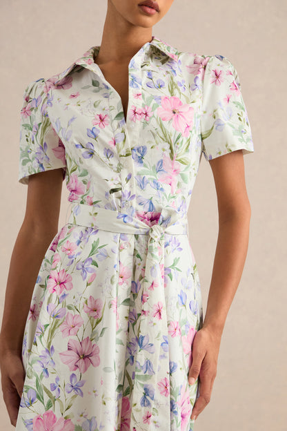 Viviette | Cream Floral Print Collared-Neck Midi Dress