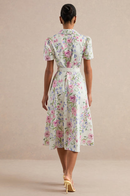 Viviette | Cream Floral Print Collared-Neck Midi Dress