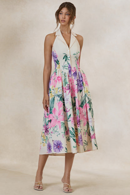 Maila | Cream Floral Print Collared Halter-Neck Midi Dress