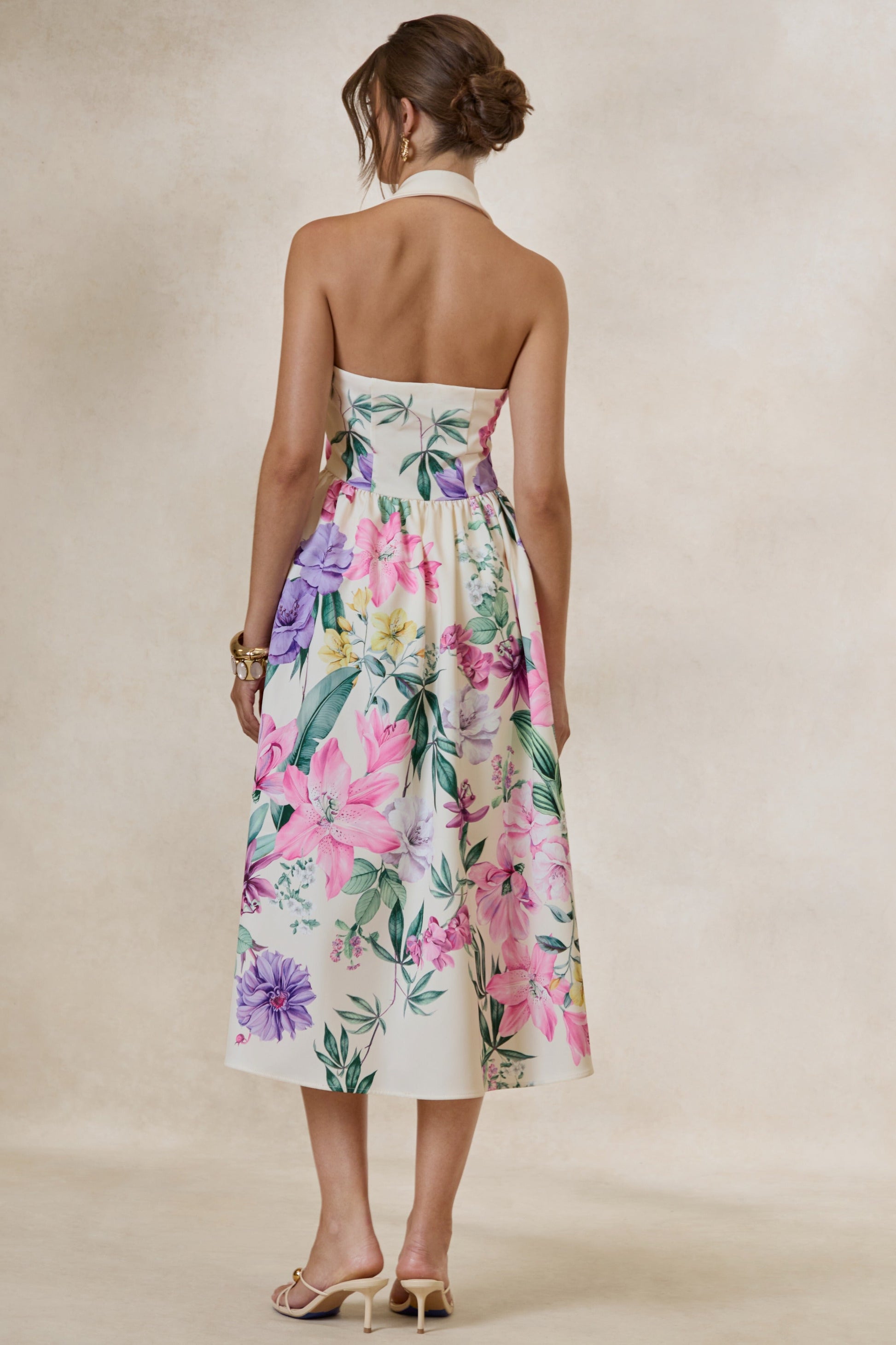 Maila | Cream Floral Print Collared Halter-Neck Midi Dress