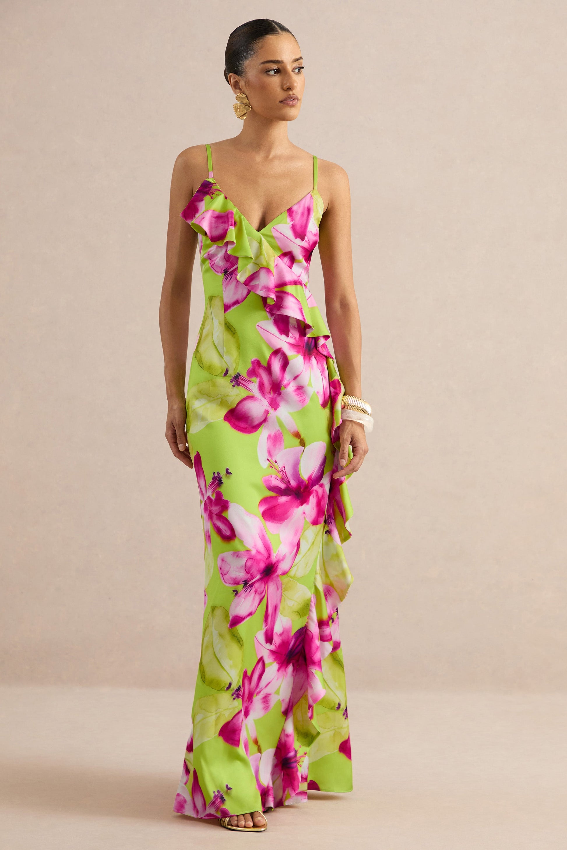 Marcelina | Lime And Pink Floral Print Satin V-Neck Maxi Dress