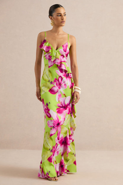 Marcelina | Lime And Pink Floral Print Satin V-Neck Maxi Dress