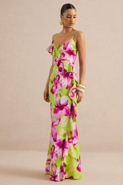 Marcelina | Lime And Pink Floral Print Satin V-Neck Maxi Dress