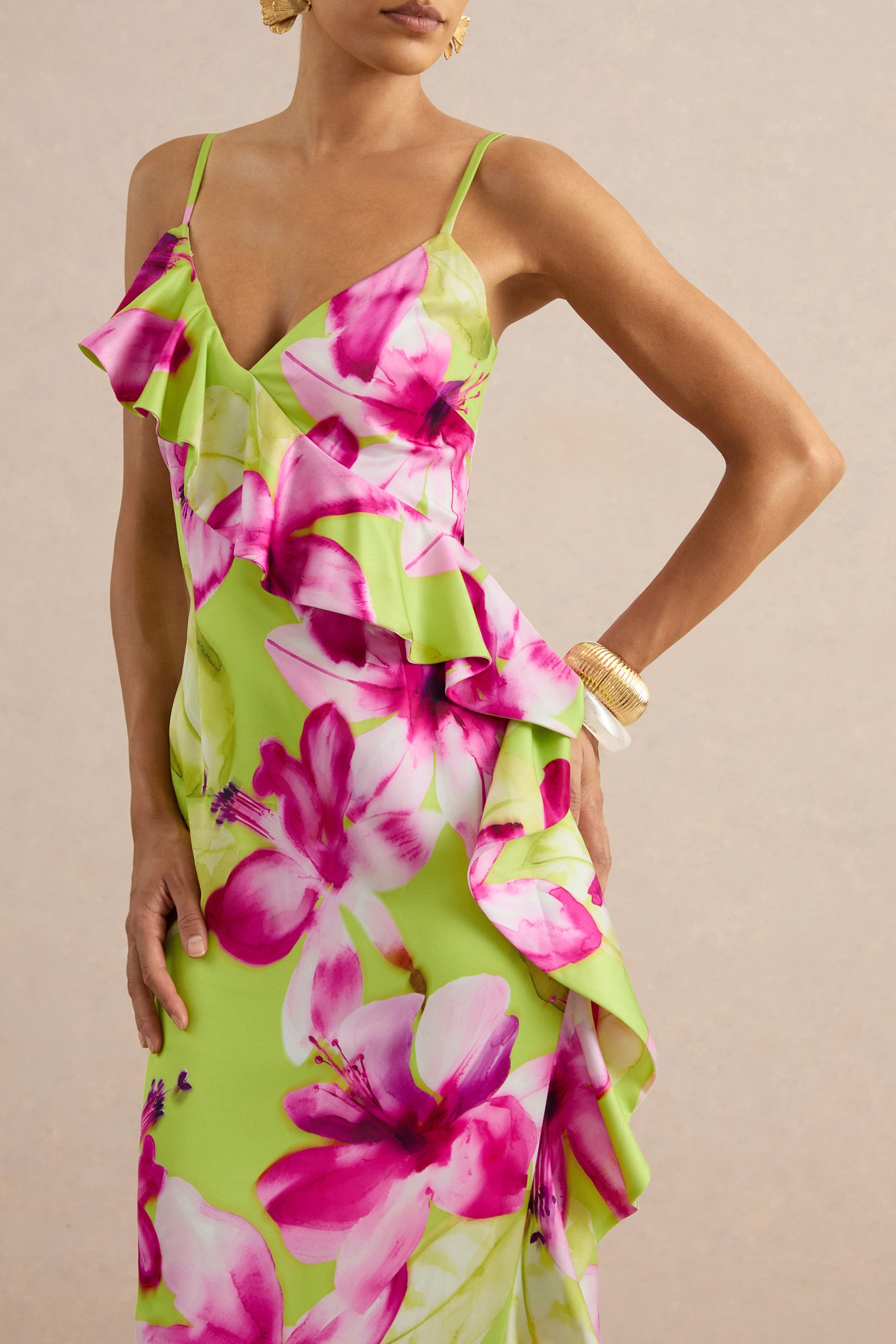 Marcelina | Lime And Pink Floral Print Satin V-Neck Maxi Dress
