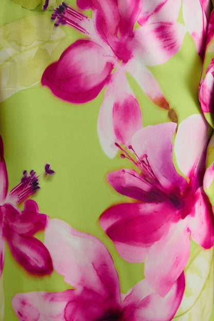 Marcelina | Lime And Pink Floral Print Satin V-Neck Maxi Dress
