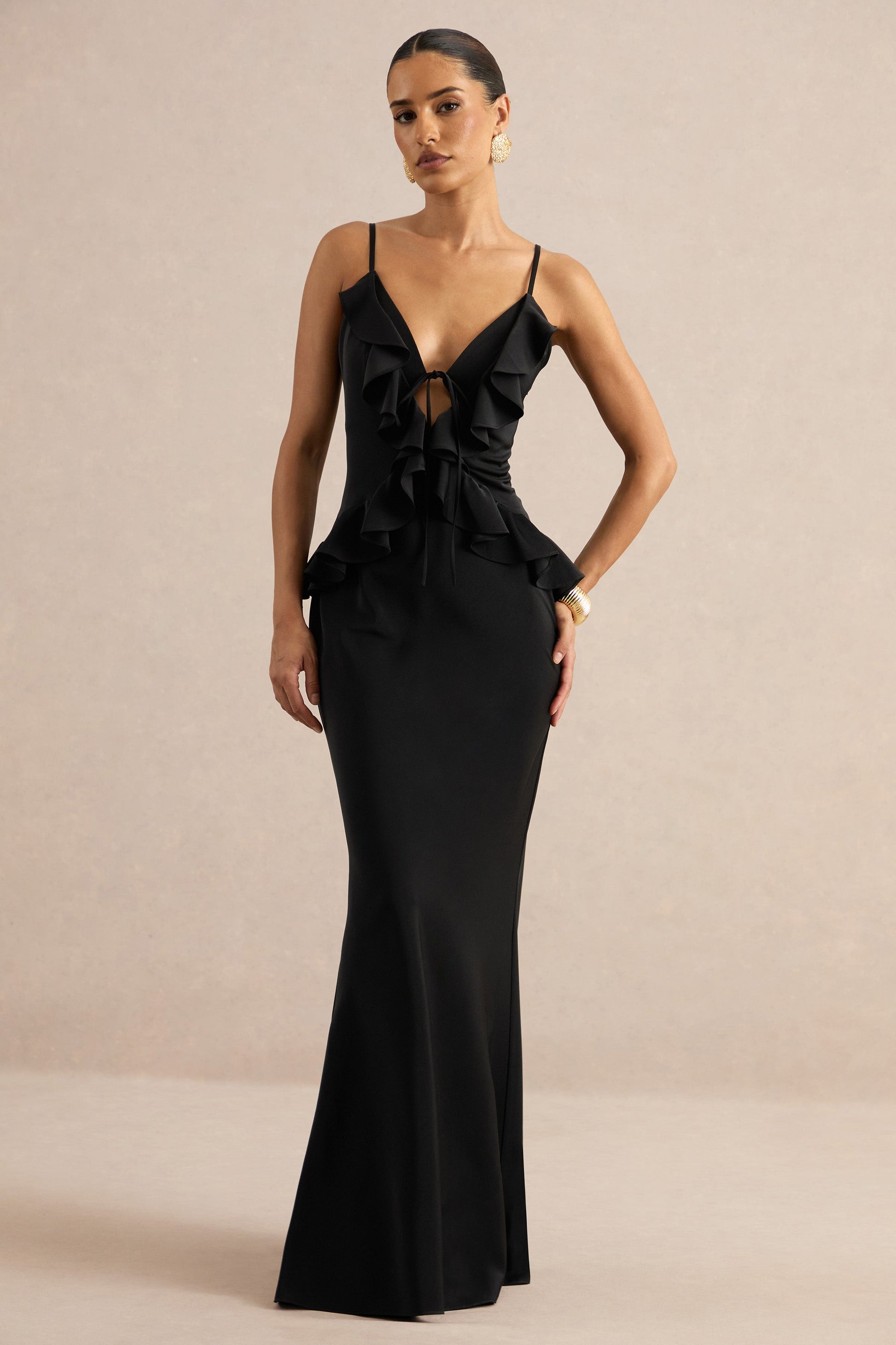 Marlen | Black Satin Plunge-Neck Maxi Dress With Ruffled Detailing